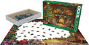 Eurographics Festive Labs jigsaw puzzle featuring a cozy holiday scene with a decorated Christmas tree, a fireplace, and playful Labrador puppies. The puzzle box displays vibrant colors and images, with pieces scattered around and one container showing the puzzle pieces inside.