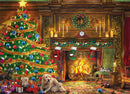Festive Labs jigsaw puzzle featuring a cozy holiday scene with a decorated Christmas tree, gifts, adorable pets including dogs and a cat, and a warm fireplace. The picture captures the essence of a joyful festive gathering with vibrant colors and intricate details, perfect for family fun over the holidays.