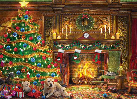 Festive Labs jigsaw puzzle featuring a cozy holiday scene with a decorated Christmas tree, gifts, adorable pets including dogs and a cat, and a warm fireplace. The picture captures the essence of a joyful festive gathering with vibrant colors and intricate details, perfect for family fun over the holidays.