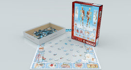The Human Body jigsaw puzzle by Eurographics. The image shows the puzzle box featuring detailed anatomical illustrations, with a partially assembled puzzle laid out on a flat surface next to an open box filled with puzzle pieces.