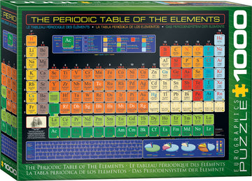 The Periodic Table of the Elements jigsaw puzzle by Eurographics, featuring a vibrant and detailed layout of the periodic table. The package showcases colorful element tiles, complete with atomic numbers and symbols, surrounded by educational graphics including a legend and informative diagrams about the elements. This 1000-piece puzzle provides both a challenge and an enjoyable way to learn about chemistry.