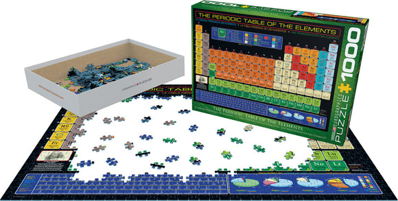 A 1000-piece jigsaw puzzle titled 'The Periodic Table of the Elements' by Eurographics. The box features colorful illustrations of the periodic table on the front, and the scattered puzzle pieces are displayed beside the partially assembled puzzle on a flat surface, showcasing various colors and shapes of the pieces.