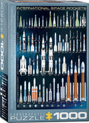 A jigsaw puzzle featuring over 20 detailed illustrations of international space rockets, including designs from NASA and ESA, set against a starry background. The puzzle has a total of 1000 pieces and showcases rockets such as the Saturn V, Falcon 9, and Ariane 5, with labels and information about each rocket.
