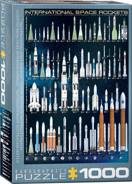 A jigsaw puzzle featuring over 20 detailed illustrations of international space rockets, including designs from NASA and ESA, set against a starry background. The puzzle has a total of 1000 pieces and showcases rockets such as the Saturn V, Falcon 9, and Ariane 5, with labels and information about each rocket.