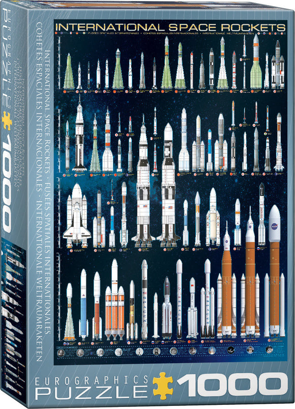 A jigsaw puzzle featuring over 20 detailed illustrations of international space rockets, including designs from NASA and ESA, set against a starry background. The puzzle has a total of 1000 pieces and showcases rockets such as the Saturn V, Falcon 9, and Ariane 5, with labels and information about each rocket.