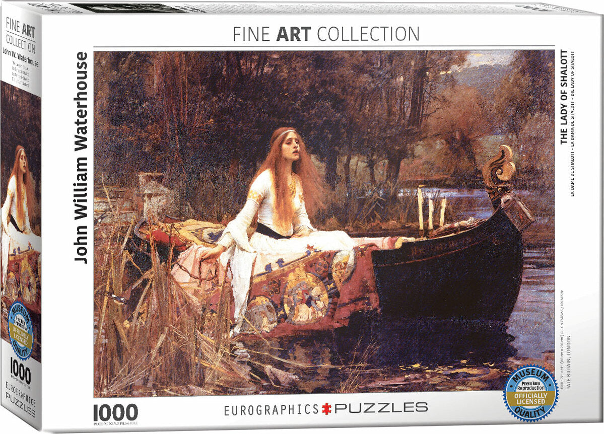 The Lady of Shalott jigsaw puzzle by John William Waterhouse, featuring a beautiful depiction of a woman in a boat surrounded by nature. The puzzle box contains 1000 pieces, showcasing rich colors and intricate details from the famous artwork.