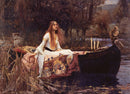 A jigsaw puzzle depicting 'The Lady of Shalott' by John William Waterhouse, featuring a woman with long hair in a white gown sitting in a boat. The background showcases lush greenery and calm waters, with the boat adorned with decorative tapestries and candles, evoking a sense of art and mystique.