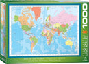 Jigsaw puzzle featuring a detailed and colorful map of the world by Eurographics. The box shows geographical boundaries, oceans, and country names in multiple languages including English, French, Spanish, and German. It consists of 1000 pieces, perfect for geography enthusiasts and puzzle lovers.
