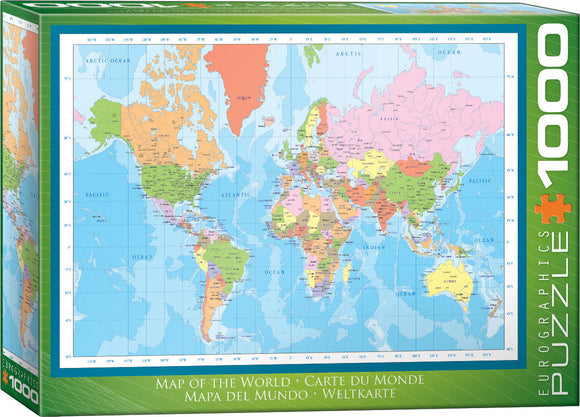 Jigsaw puzzle featuring a detailed and colorful map of the world by Eurographics. The box shows geographical boundaries, oceans, and country names in multiple languages including English, French, Spanish, and German. It consists of 1000 pieces, perfect for geography enthusiasts and puzzle lovers.