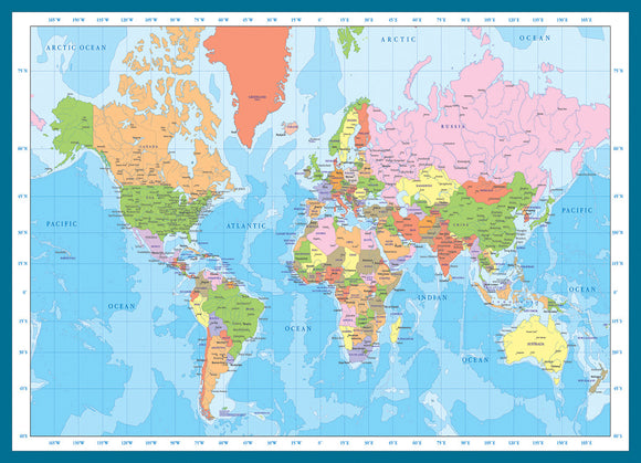 Eurographics Map of the World jigsaw puzzle featuring a detailed and colorful representation of continents, countries, and oceans. Ideal for geography enthusiasts and puzzle lovers, this 1000-piece puzzle is a fun way to learn about the world.