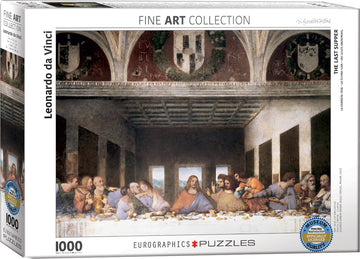 The Last Supper jigsaw puzzle by Eurographics, featuring Leonardo da Vinci's iconic artwork. This 1000-piece puzzle showcases vibrant colors and intricate details of the famous scene, perfect for art lovers and puzzle enthusiasts. The packaging highlights the museum-quality reproduction and fine art collection.