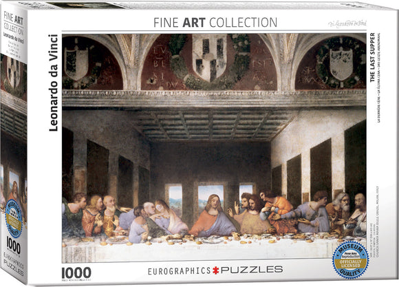 The Last Supper jigsaw puzzle by Eurographics, featuring Leonardo da Vinci's iconic artwork. This 1000-piece puzzle showcases vibrant colors and intricate details of the famous scene, perfect for art lovers and puzzle enthusiasts. The packaging highlights the museum-quality reproduction and fine art collection.