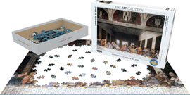 A 1000-piece jigsaw puzzle featuring Leonardo da Vinci's iconic artwork, The Last Supper. The image includes a partially completed puzzle on a white surface, with pieces scattered around. The puzzle box is shown with the artwork's image on the front and a tray with loose puzzle pieces nearby, emphasizing the intricate design and colors of this fine art collection.