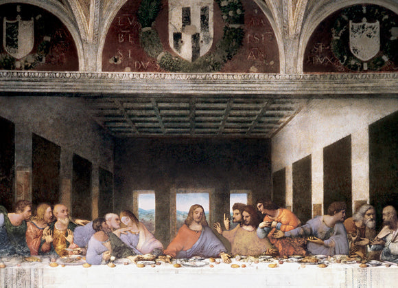 A detailed jigsaw puzzle featuring Leonardo da Vinci's iconic painting 'The Last Supper'. The image showcases Jesus and his 12 apostles seated at a long table, surrounded by a beautifully designed room with arched ceilings and large windows in the background, displaying a serene landscape. This puzzle offers art lovers and puzzle enthusiasts a chance to recreate a masterpiece.