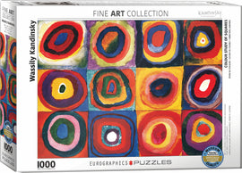 A colorful jigsaw puzzle box featuring a vibrant artwork titled 'Color Study of Squares' by Wassily Kandinsky. The puzzle contains 1000 pieces and showcases a grid of circular patterns in various colors, reflecting Kandinsky's abstract style. The brand Eurographics is displayed prominently, along with a note on museum-quality reproduction.