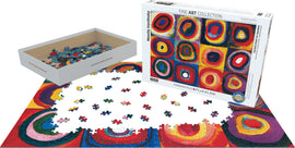 Eurographics Color Study of Squares jigsaw puzzle featuring a vibrant artwork by Wassily Kandinsky. The puzzle shows pieces scattered on a section of the completed image, showcasing bold colors and geometric shapes. The box is prominently displayed, indicating it is part of the Fine Art Collection and contains 1000 pieces.