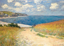Eurographics jigsaw puzzle featuring a beautiful impressionist landscape titled 'Path through the Wheat Fields'. The artwork showcases a winding path leading through vibrant fields of wheat, under a blue sky filled with fluffy white clouds, with a glimpse of the sea in the background. Ideal for puzzle enthusiasts and art lovers alike, offering a calming and rewarding experience.