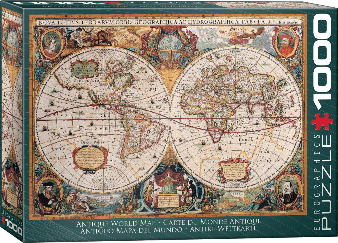 A beautifully illustrated antique world map jigsaw puzzle by Eurographics featuring detailed geographical and hydrographical art. The box displays the intricate design of the map, showcasing the globe with labels in multiple languages, and ornate decorations typical of historic cartography. This 1000-piece puzzle captures the essence of world exploration and history.