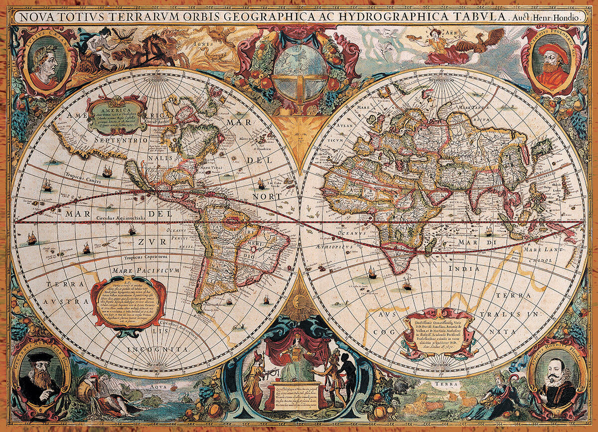 Antique World Map jigsaw puzzle featuring a beautifully detailed depiction of the globe with historical cartography elements. The map displays continents and oceans with navigation routes, ornate borders, and illustrations of mythical figures, making it both educational and decorative. Perfect for history enthusiasts and puzzle lovers alike.