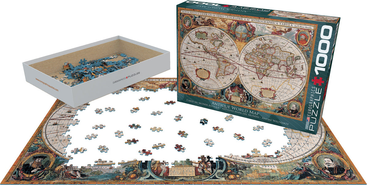 Antique World Map jigsaw puzzle by Eurographics. 1000 pieces featuring an intricate design of an old world map, shown partially assembled with scattered pieces and the box beside it.