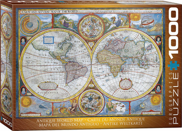 A beautifully designed jigsaw puzzle featuring an antique world map by Eurographics. The box showcases intricate illustrations of continents, oceans, and celestial elements. This puzzle consists of 1000 pieces, inviting puzzle enthusiasts to piece together historical geography and artistic details. The artwork displays a vintage map aesthetic with colorful designs and decorative borders, perfect for both educational purposes and decorative display once completed.