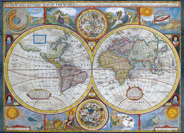 A beautifully detailed antique world map jigsaw puzzle by Eurographics, featuring vibrant colors and intricate illustrations of continents, oceans, and celestial bodies. The design includes artistic elements such as mythological figures and an ornate border, highlighting historical cartography. Perfect for puzzle enthusiasts and history lovers alike.