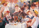 A vibrant jigsaw puzzle depicting 'The Luncheon' by Pierre-Auguste Renoir. The artwork portrays a lively outdoor gathering with people dining at a table, surrounded by a lush setting. Characters express joy and camaraderie, showcasing the artist's signature impressionist style with soft brush strokes and bright colors.