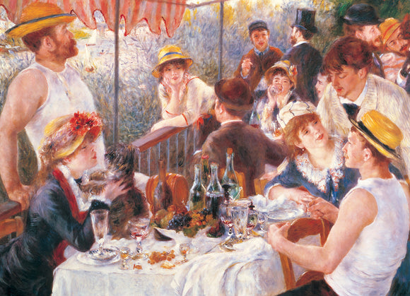 A vibrant jigsaw puzzle depicting 'The Luncheon' by Pierre-Auguste Renoir. The artwork portrays a lively outdoor gathering with people dining at a table, surrounded by a lush setting. Characters express joy and camaraderie, showcasing the artist's signature impressionist style with soft brush strokes and bright colors.