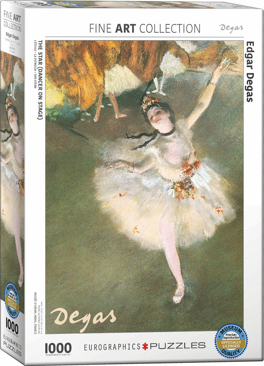 Jigsaw puzzle featuring "Ballerina" by Edgar Degas, showcasing a pastel depiction of a dancer on stage. The box includes 1000 pieces and features a museum-quality reproduction seal.