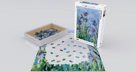 Jigsaw puzzle of 'Irises (Detail)' by Claude Monet. The box features the artwork and showcases a scattered arrangement of puzzle pieces around an incomplete puzzle layout displaying vibrant blue irises amid greenery, inviting creativity and relaxation.