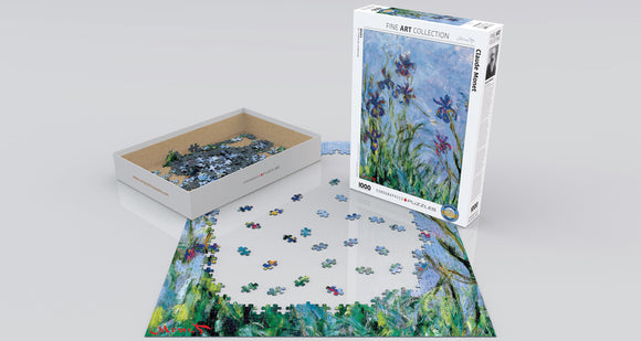 Jigsaw puzzle of 'Irises (Detail)' by Claude Monet. The box features the artwork and showcases a scattered arrangement of puzzle pieces around an incomplete puzzle layout displaying vibrant blue irises amid greenery, inviting creativity and relaxation.