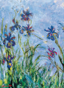 A beautiful jigsaw puzzle featuring a detailed depiction of irises in vibrant colors, painted by Claude Monet. The artwork showcases a blend of blues, greens, and purples, capturing the essence of these elegant flowers swaying gently against a soft blue sky.