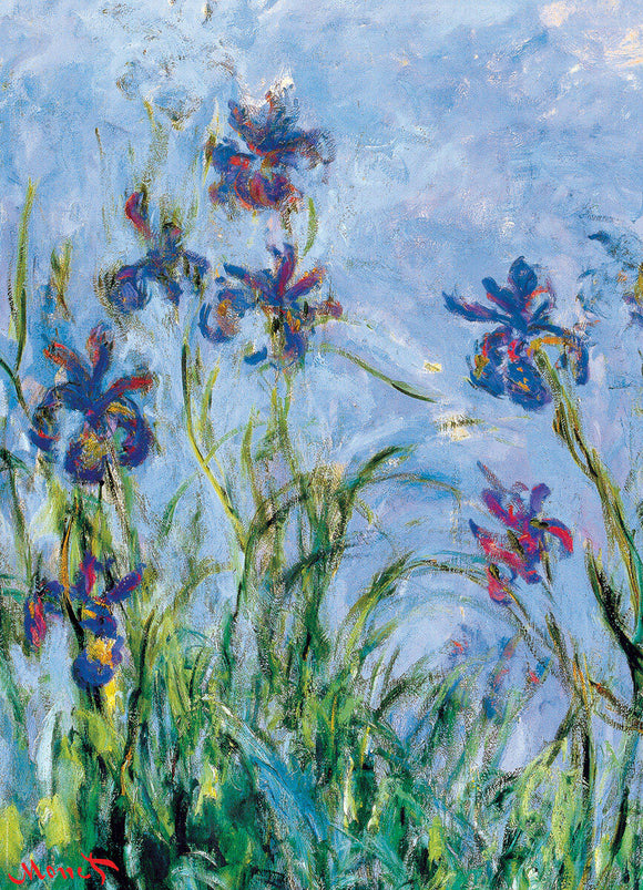 A beautiful jigsaw puzzle featuring a detailed depiction of irises in vibrant colors, painted by Claude Monet. The artwork showcases a blend of blues, greens, and purples, capturing the essence of these elegant flowers swaying gently against a soft blue sky.