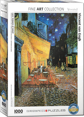 Café Terrace at Night by Vincent van Gogh jigsaw puzzle by Eurographics. This 1000-piece puzzle features an iconic depiction of a night scene with a vibrant café, outdoor tables, and a starry sky, perfect for art lovers and puzzle enthusiasts alike.