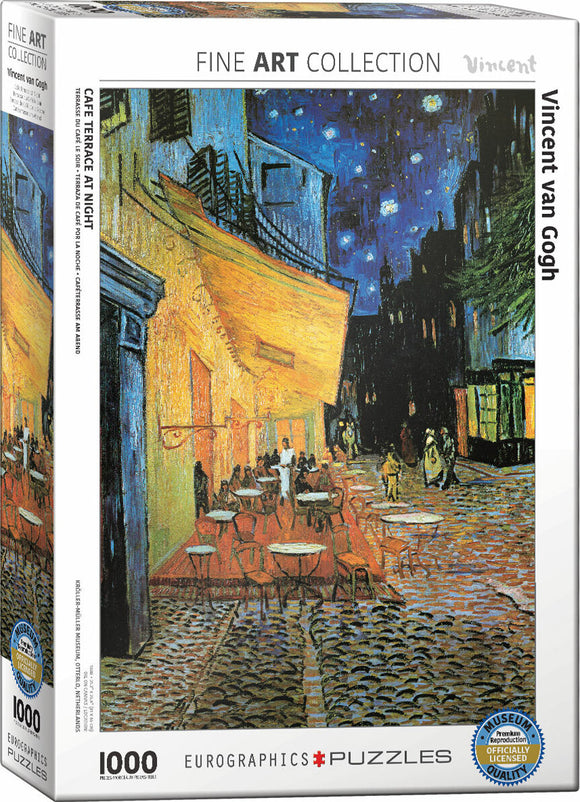 Café Terrace at Night by Vincent van Gogh jigsaw puzzle by Eurographics. This 1000-piece puzzle features an iconic depiction of a night scene with a vibrant café, outdoor tables, and a starry sky, perfect for art lovers and puzzle enthusiasts alike.
