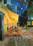 A beautifully illustrated jigsaw puzzle featuring the iconic painting 'Café Terrace at Night' by Vincent van Gogh. The scene captures a vibrant café under a starry night, showcasing warm yellow tones from the terrace against a deep blue sky, filled with twinkling stars. The cobblestone streets are lined with tables and chairs, inviting patrons to enjoy the night.