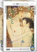 A jigsaw puzzle featuring a detail of the iconic painting 'Mother and Child' by Gustav Klimt. The artwork showcases a loving embrace between a mother and her child, adorned with intricate floral patterns in the background, emphasizing warmth and tenderness. The puzzle comes in a vibrant box, indicating it has 1000 pieces and is part of the Fine Art Collection from Eurographics.