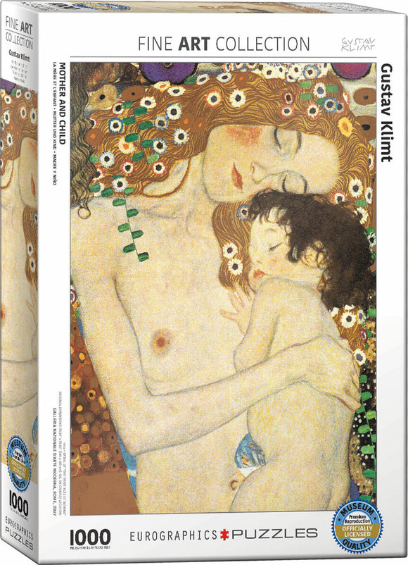 A jigsaw puzzle featuring a detail of the iconic painting 'Mother and Child' by Gustav Klimt. The artwork showcases a loving embrace between a mother and her child, adorned with intricate floral patterns in the background, emphasizing warmth and tenderness. The puzzle comes in a vibrant box, indicating it has 1000 pieces and is part of the Fine Art Collection from Eurographics.