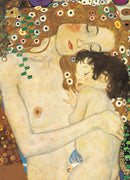 A detailed jigsaw puzzle featuring a tender moment between a mother and her child. The artwork showcases the mother's flowing hair adorned with colorful flowers, and her peaceful expression as she cradles her sleeping child, whose curls and gentle features are depicted in soft colors. The rich background is filled with patterns and vibrant colors, enhancing the warmth of the scene.