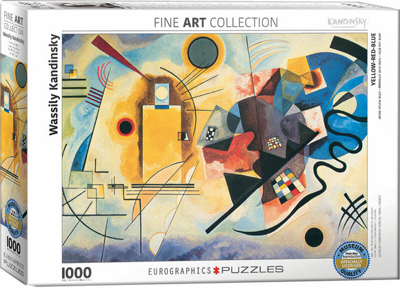 Eurographics jigsaw puzzle featuring 'Yellow; Red; Blue' by Wassily Kandinsky. This 1000-piece puzzle captures vibrant geometric shapes and colors from the famous abstract painting.