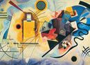 A vibrant jigsaw puzzle featuring abstract art by Wassily Kandinsky, showcasing a blend of bold colors such as yellow, red, and blue with dynamic shapes and lines that create a sense of movement.
