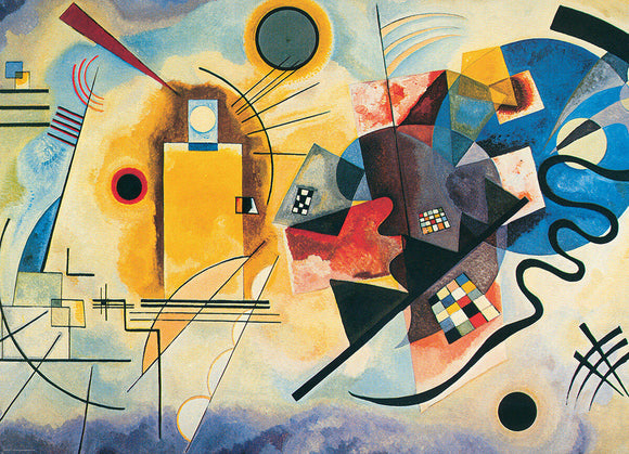 A vibrant jigsaw puzzle featuring abstract art by Wassily Kandinsky, showcasing a blend of bold colors such as yellow, red, and blue with dynamic shapes and lines that create a sense of movement.