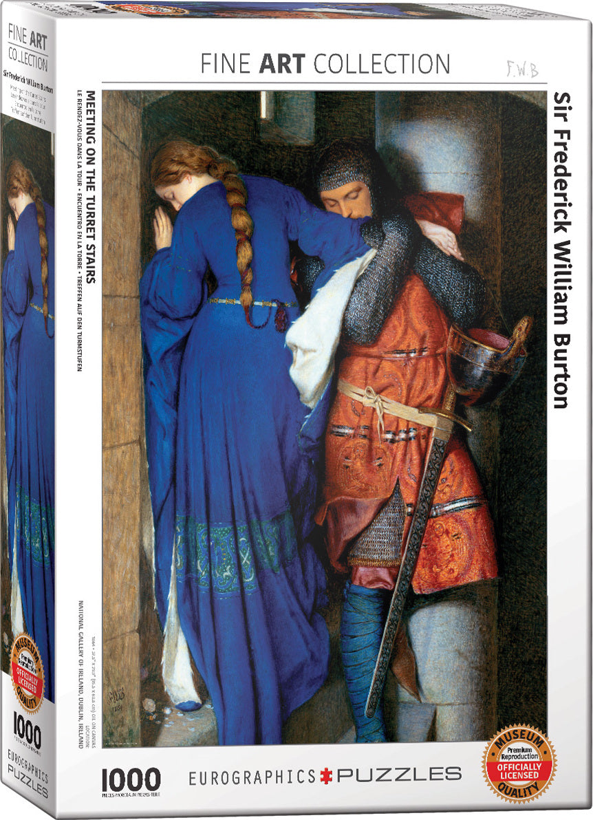 The 'Meeting on the Turret Stairs' jigsaw puzzle by Eurographics features the artwork of Sir Frederick William Burton, depicting a poignant encounter between two figures in historical attire. The puzzle box displays vibrant colors and intricate details, perfect for art lovers and puzzle enthusiasts alike.