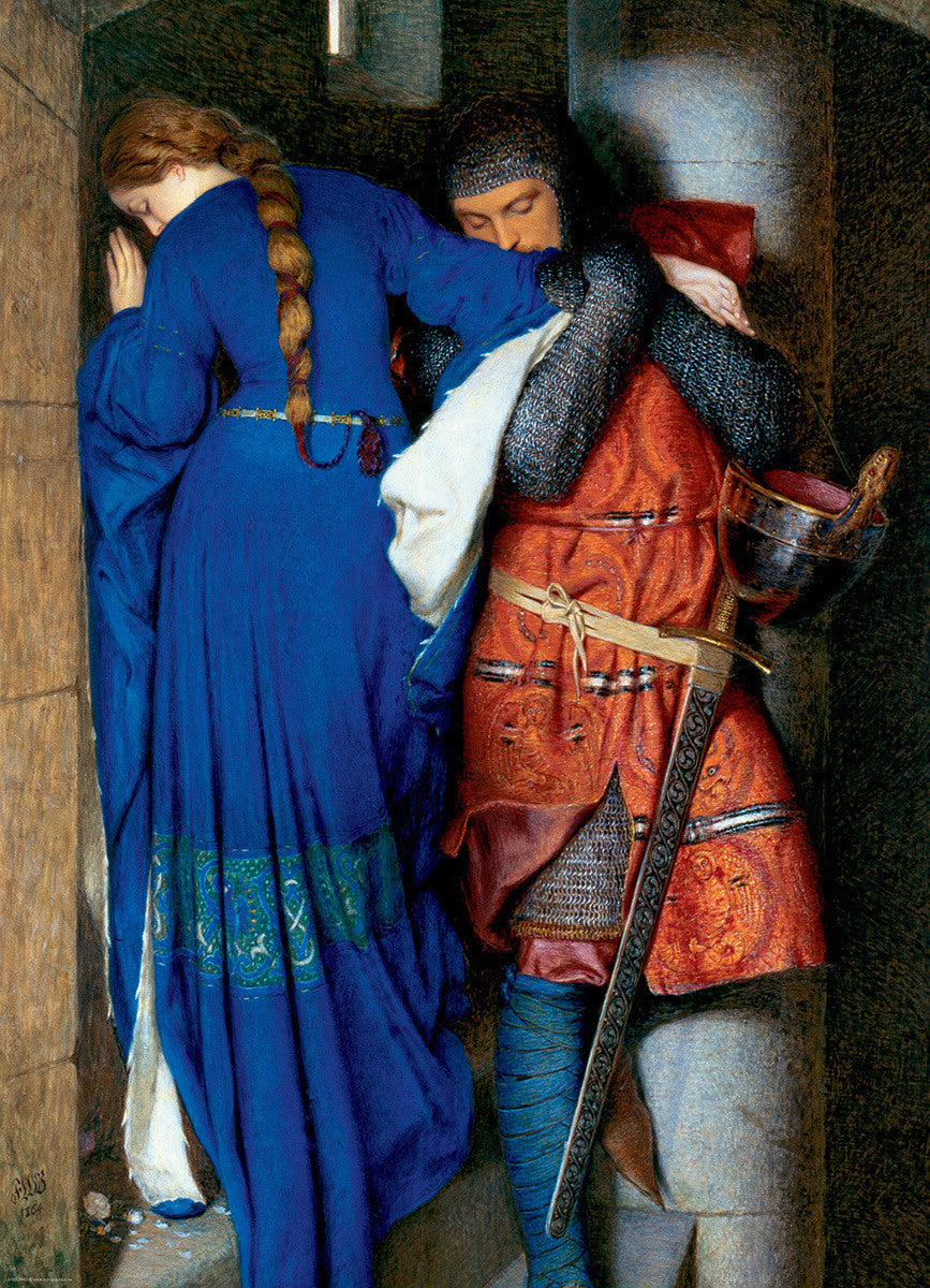 Eurographics jigsaw puzzle titled 'Meeting on the Turret Stairs'. The artwork depicts a touching scene between a knight and a lady, showcasing intricate details of their costumes and expressions, perfect for puzzle lovers seeking a blend of artistic beauty and challenge.