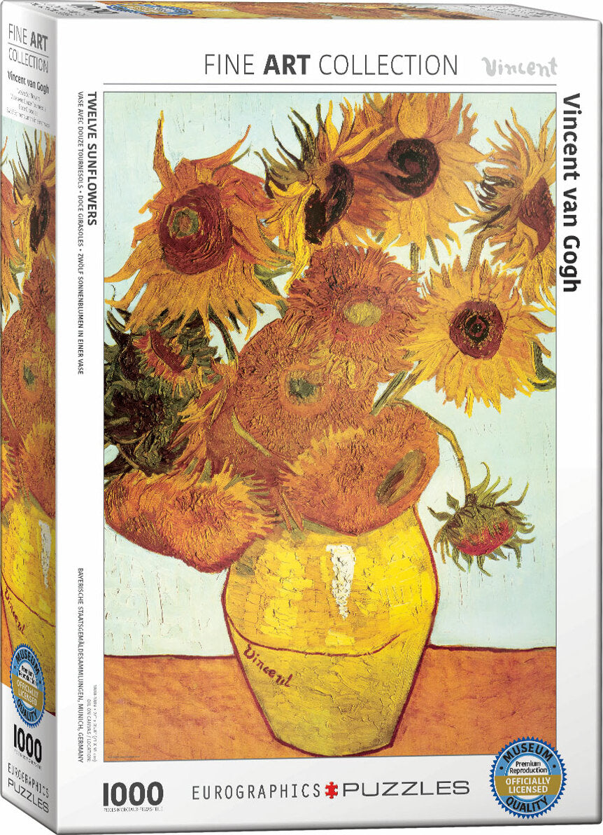 A jigsaw puzzle featuring the iconic painting 'Twelve Sunflowers' by Vincent van Gogh. The design showcases vibrant yellow sunflowers in a yellow vase against a muted backdrop. This 1000-piece puzzle from Eurographics captures the intricate brushstrokes and bright colors of the original artwork, making it perfect for art lovers and puzzle enthusiasts alike.