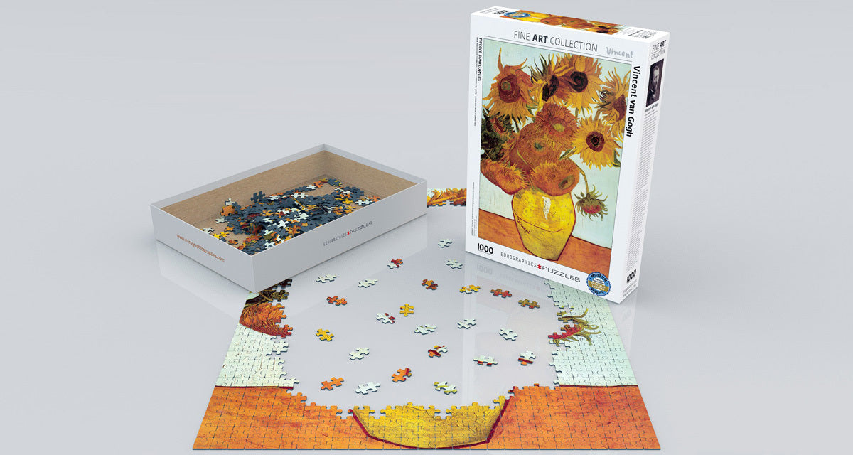 A jigsaw puzzle titled 'Twelve Sunflowers' by Vincent van Gogh, featuring a partially completed image of sunflowers in a vase. The puzzle includes 1000 pieces and is displayed with a box showing the complete artwork. Pieces are spread out, showcasing vibrant colors and intricate details of the artwork.