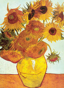 Jigsaw puzzle featuring Vincent van Gogh's classic painting 'Twelve Sunflowers'. The artwork depicts a vase filled with vibrant sunflowers in various stages of bloom, set against a light background. Ideal for art lovers and puzzle enthusiasts.