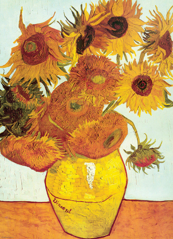 Jigsaw puzzle featuring Vincent van Gogh's classic painting 'Twelve Sunflowers'. The artwork depicts a vase filled with vibrant sunflowers in various stages of bloom, set against a light background. Ideal for art lovers and puzzle enthusiasts.
