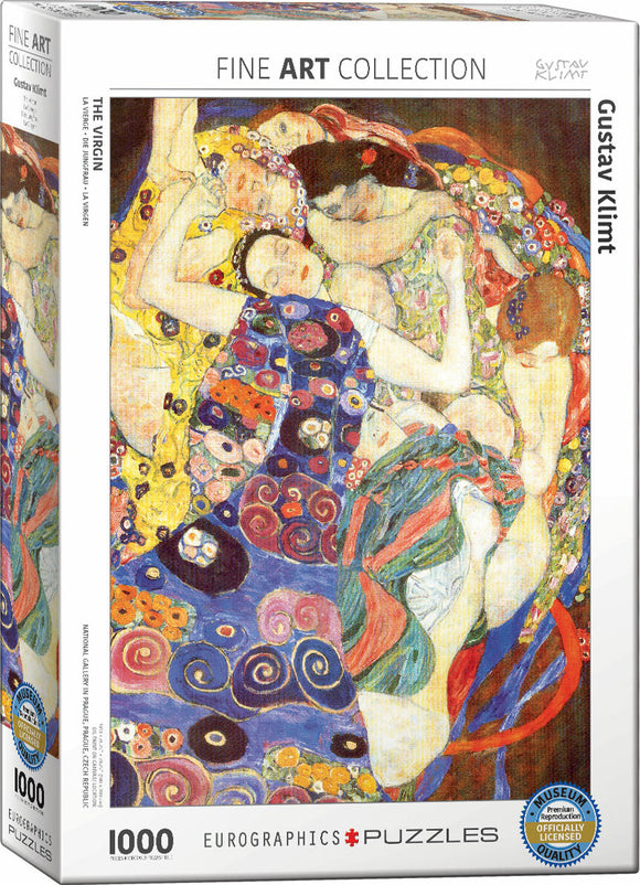 Jigsaw puzzle featuring Gustav Klimt's famous artwork 'The Virgin.' The box displays vibrant colors and intricate patterns that showcase the beauty of the painting. It contains 1000 pieces, made by Eurographics, perfect for both art lovers and puzzle enthusiasts.