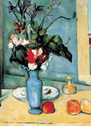 Jigsaw puzzle featuring Paul Cezanne's 'Blue Vase' artwork. The image depicts a blue vase filled with colorful flowers, accompanied by a plate and fruit on a table. The vibrant colors and expressive brush strokes capture the essence of still life painting.